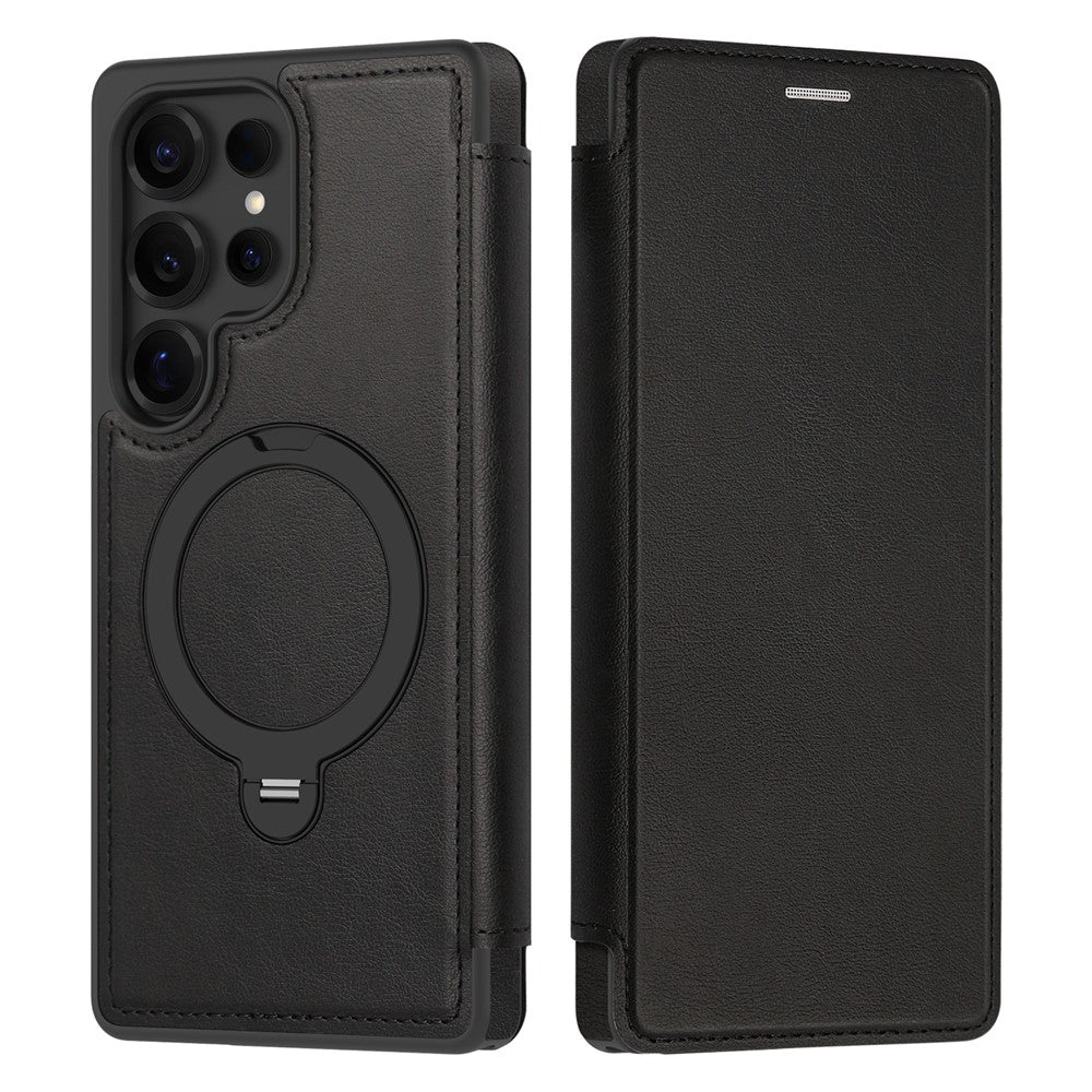 For Samsung Galaxy S25 Ultra Case Compatible with MagSafe RFID Blocking Leather Wallet Cover with Rotating Ring Kickstand