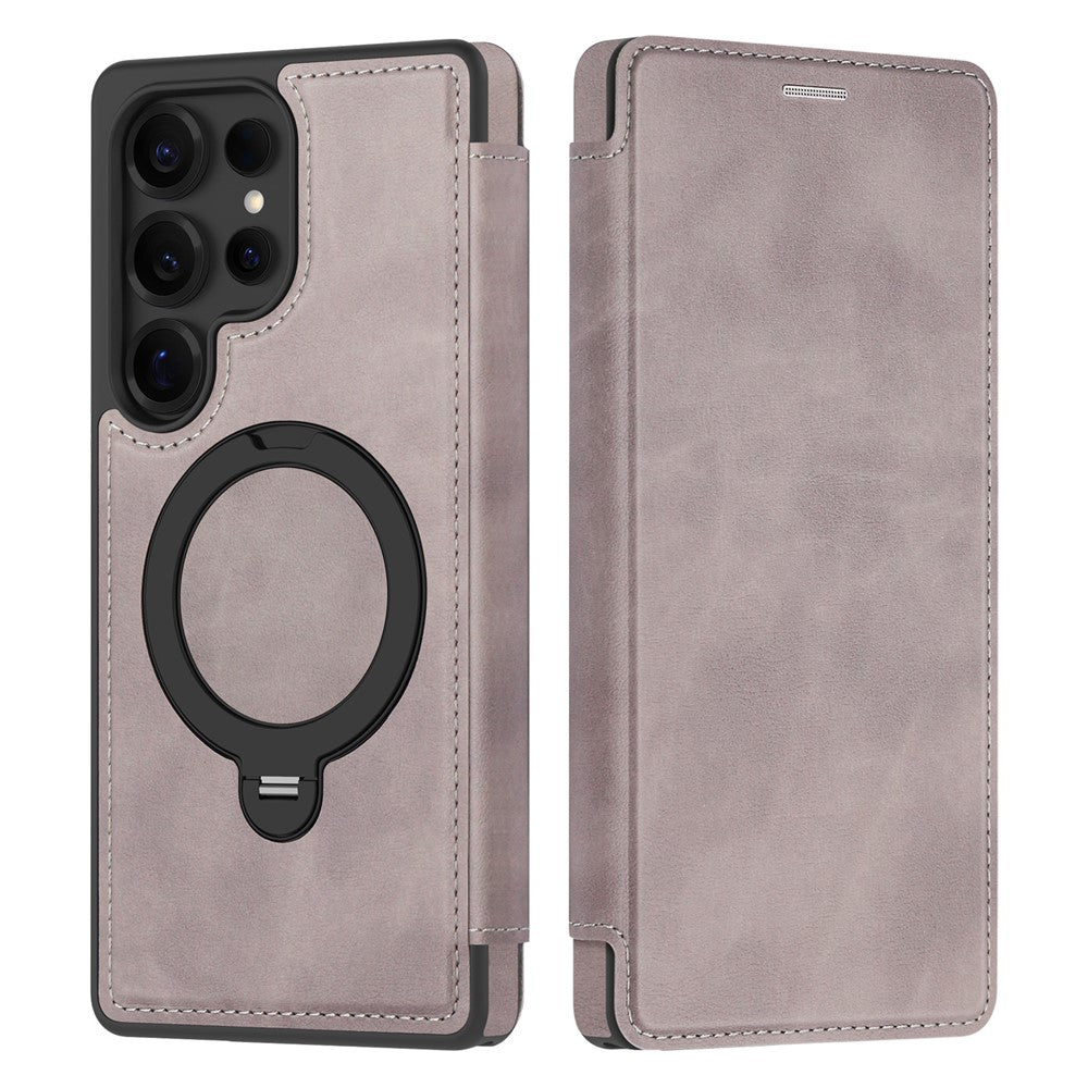For Samsung Galaxy S25 Ultra Case Compatible with MagSafe RFID Blocking Leather Wallet Cover with Rotating Ring Kickstand
