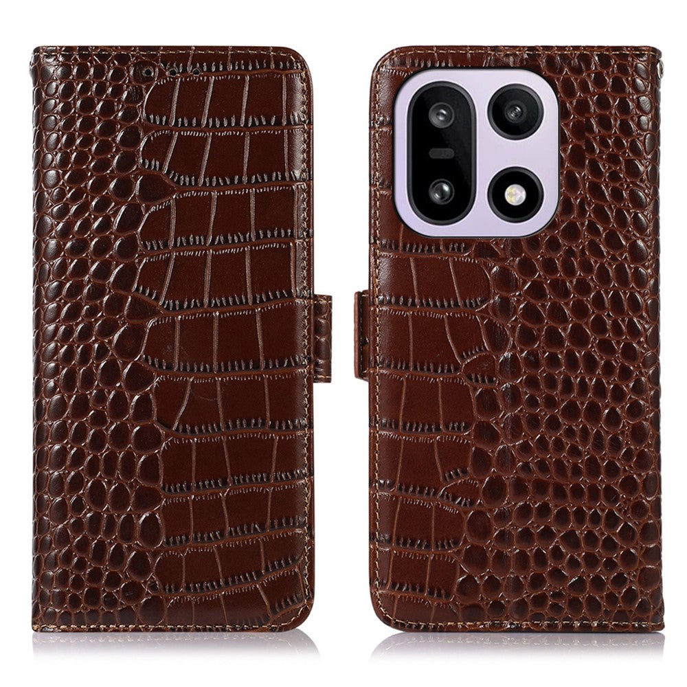 For OnePlus 15 5G Case RFID Blocking Wallet Crocodile Texture Genuine Cow Leather Phone Cover