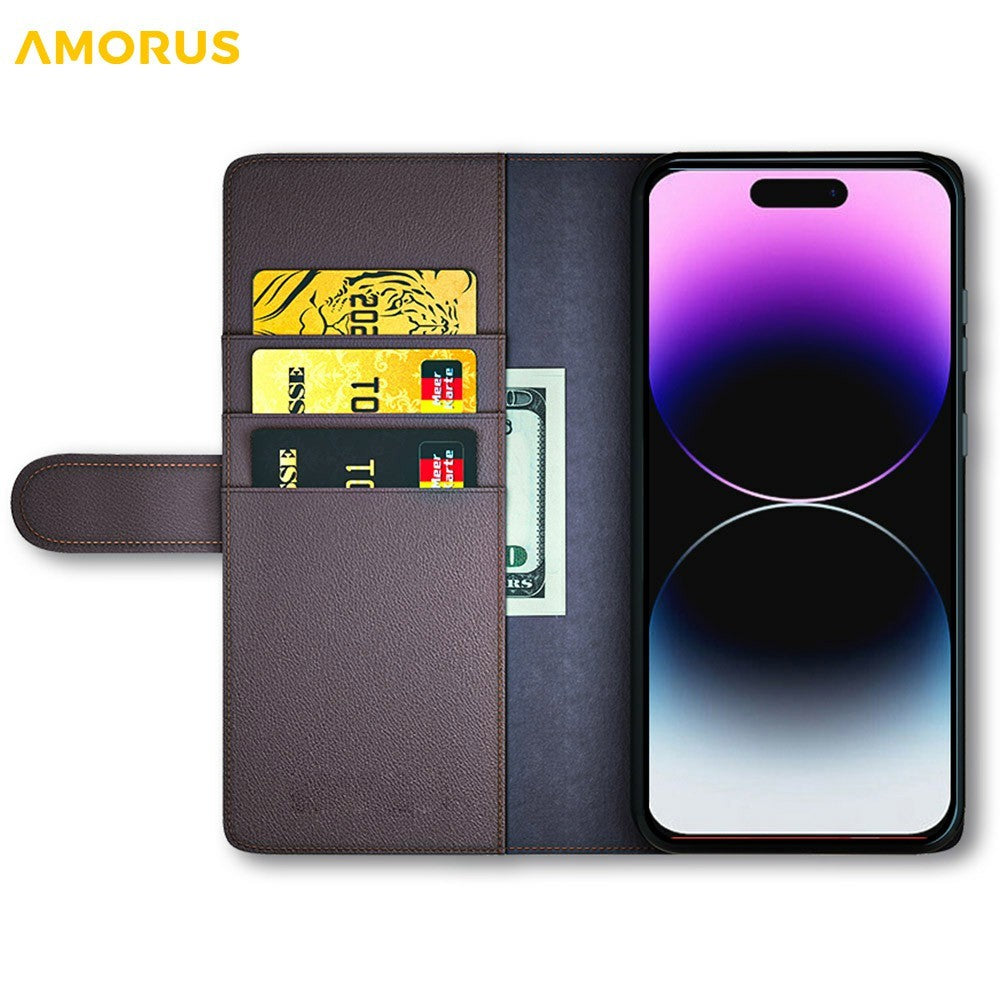 AMORUS For iPhone 13 Pro Max Stand Cases Calf Texture Genuine Split Leather Wallet Phone Cover