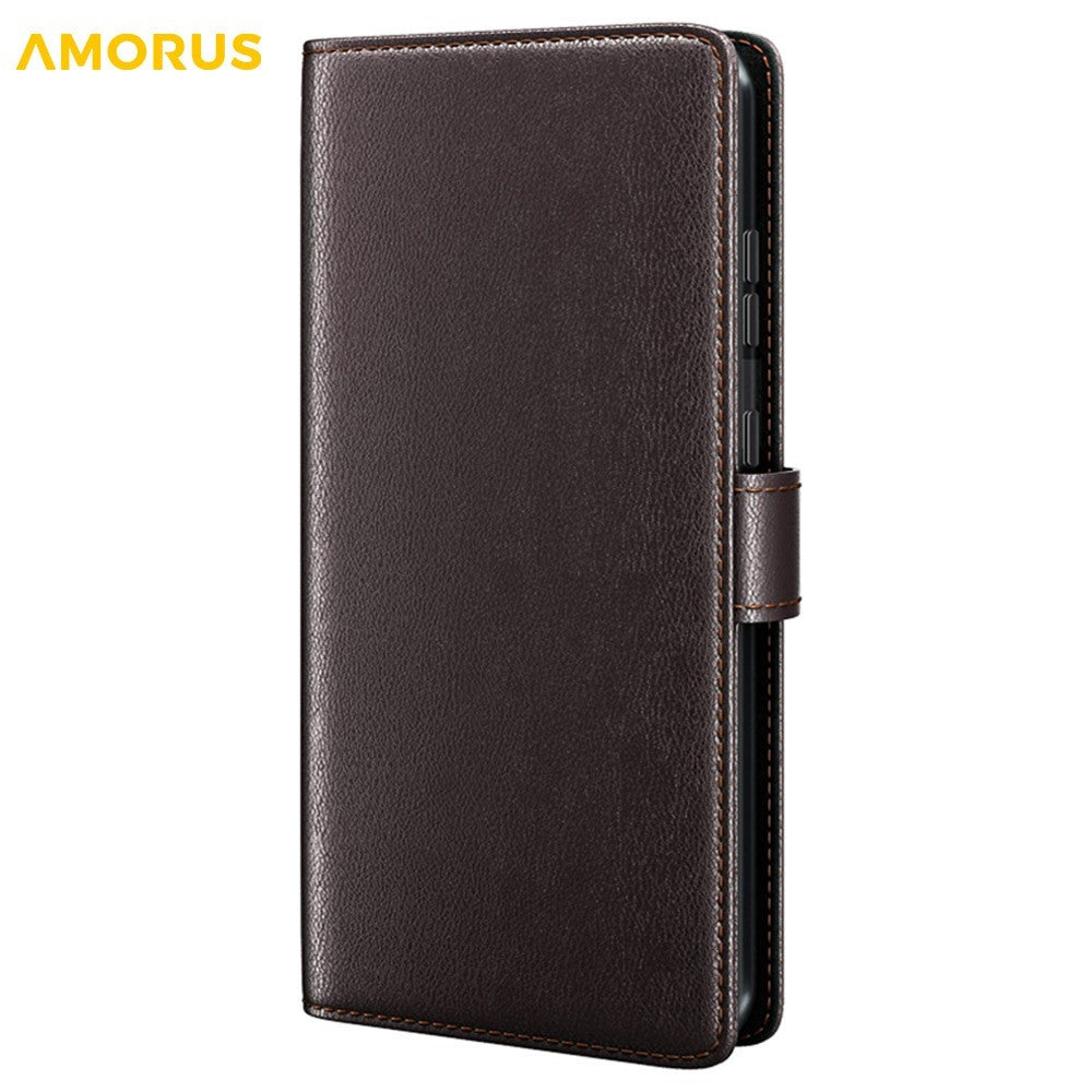 AMORUS For iPhone 13 Pro Stand Cases Calf Texture Genuine Split Leather Wallet Phone Cover