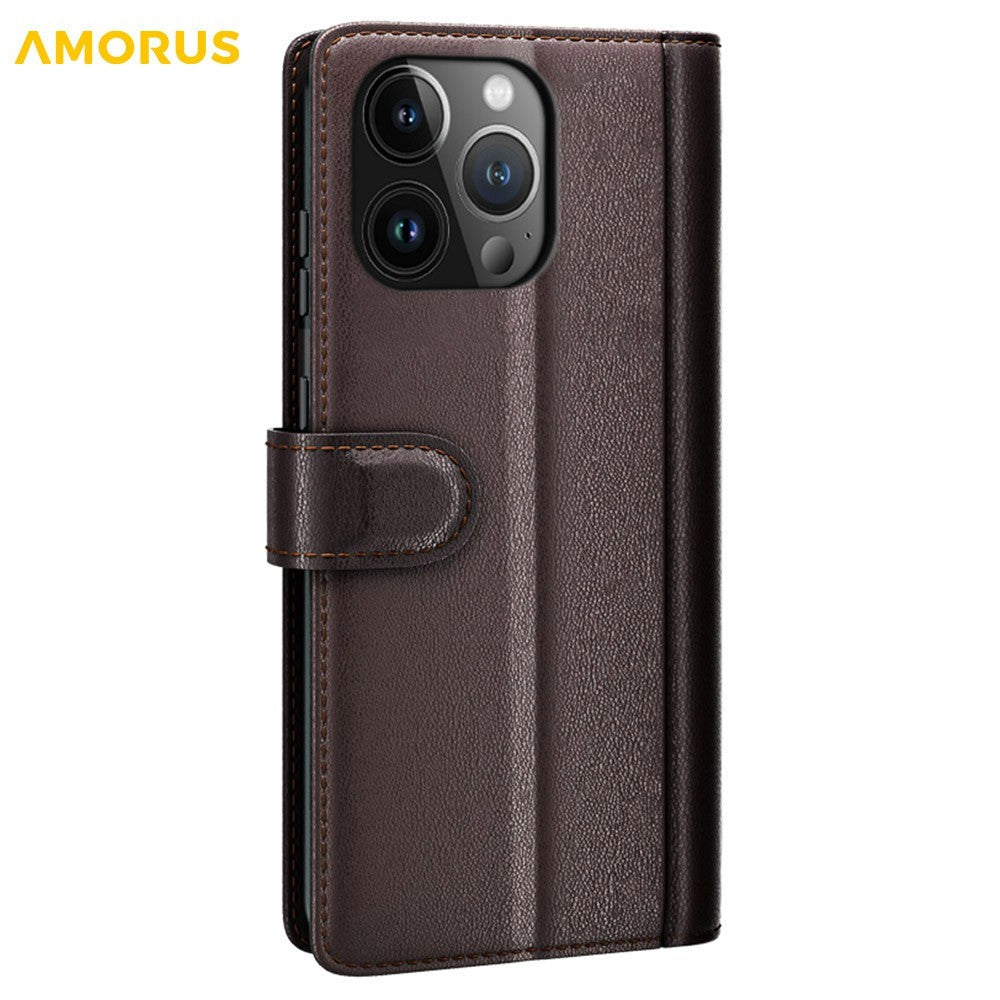 AMORUS For iPhone 13 Pro Stand Cases Calf Texture Genuine Split Leather Wallet Phone Cover