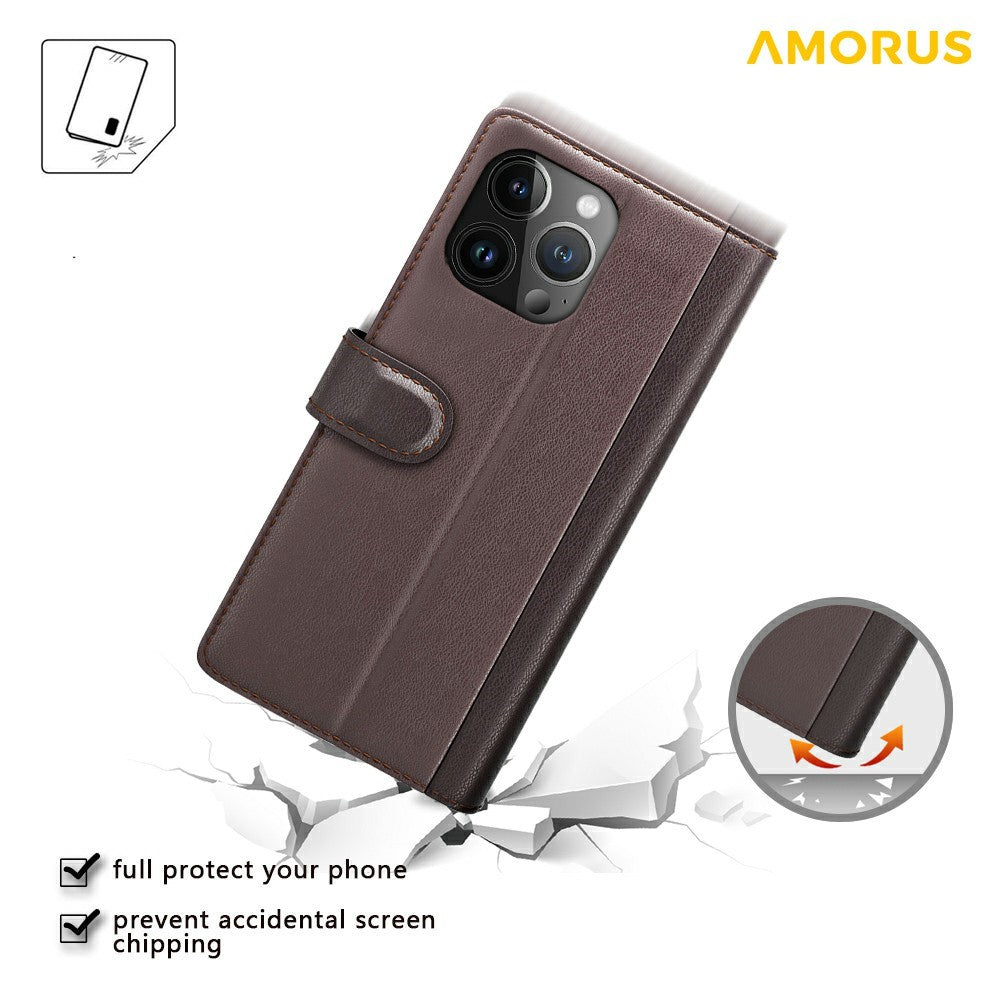 AMORUS For iPhone 13 Pro Stand Cases Calf Texture Genuine Split Leather Wallet Phone Cover