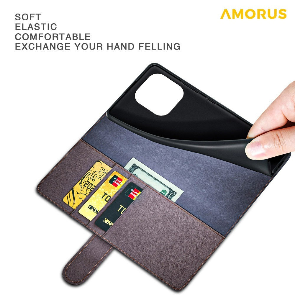 AMORUS For iPhone 13 Pro Stand Cases Calf Texture Genuine Split Leather Wallet Phone Cover