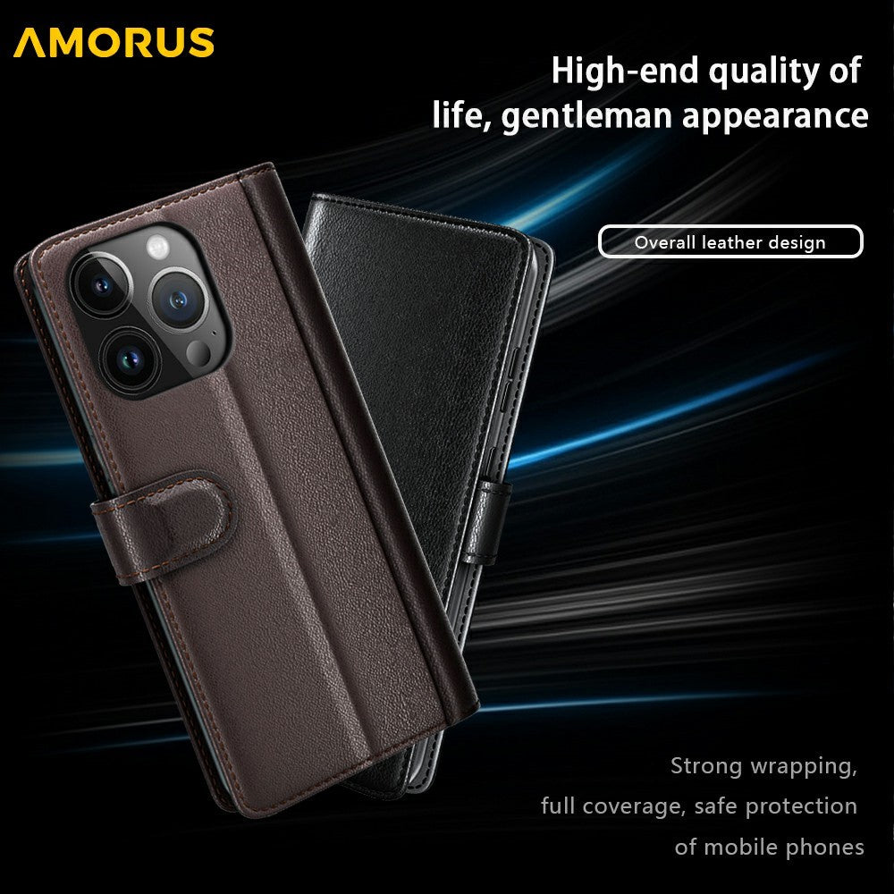 AMORUS For iPhone 13 Pro Stand Cases Calf Texture Genuine Split Leather Wallet Phone Cover