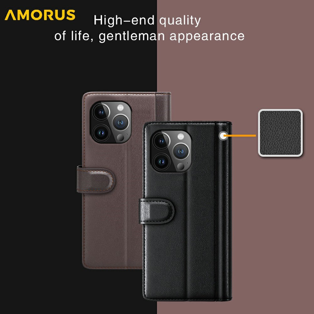 AMORUS For iPhone 13 Pro Stand Cases Calf Texture Genuine Split Leather Wallet Phone Cover