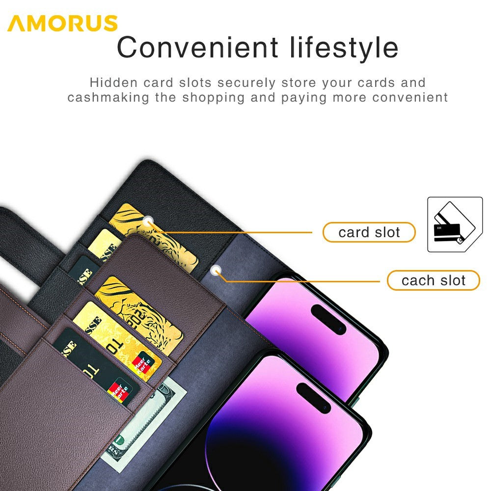 AMORUS For iPhone 13 Pro Stand Cases Calf Texture Genuine Split Leather Wallet Phone Cover