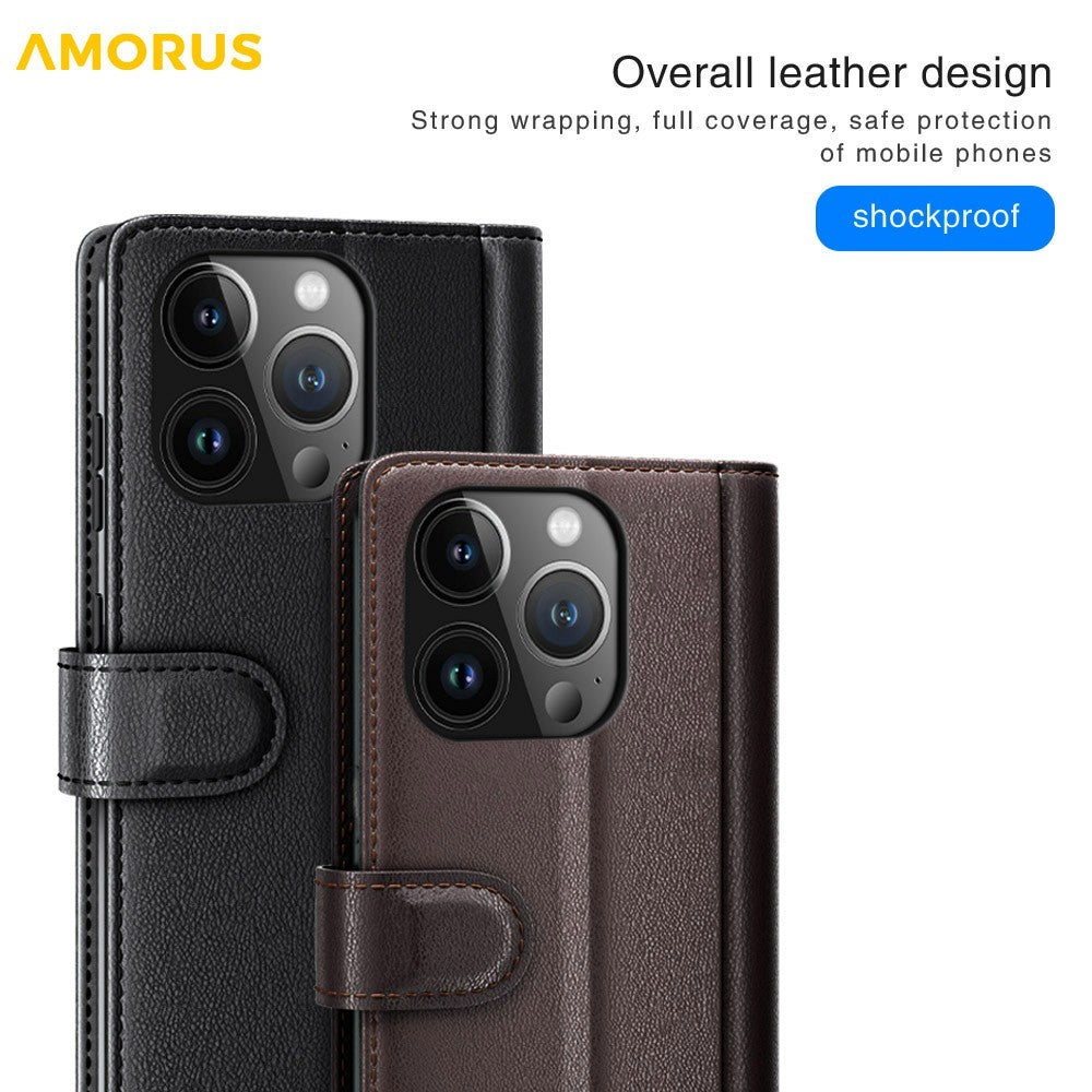 AMORUS For iPhone 13 Pro Stand Cases Calf Texture Genuine Split Leather Wallet Phone Cover