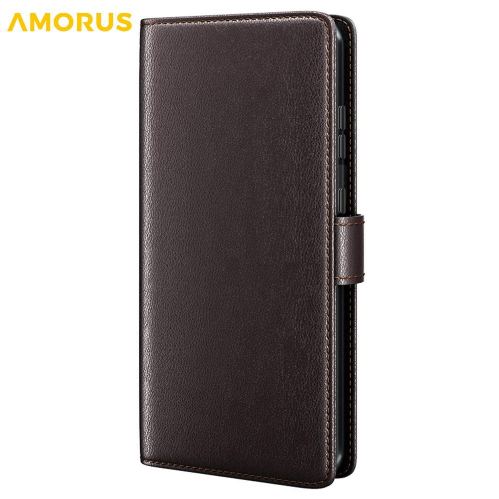 AMORUS For iPhone 14 Stand Cases Calf Texture Genuine Split Leather Wallet Phone Cover
