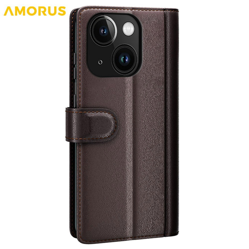 AMORUS For iPhone 14 Stand Cases Calf Texture Genuine Split Leather Wallet Phone Cover
