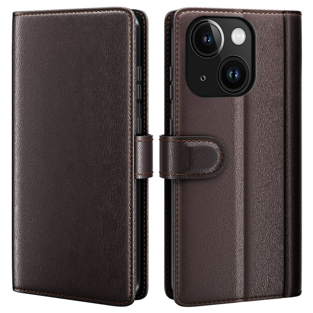 AMORUS For iPhone 14 Stand Cases Calf Texture Genuine Split Leather Wallet Phone Cover