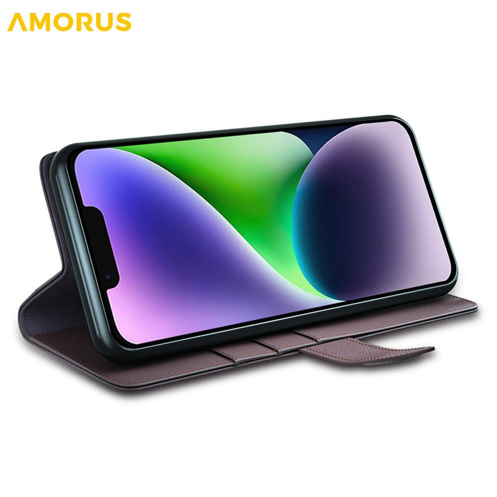 AMORUS For iPhone 14 Stand Cases Calf Texture Genuine Split Leather Wallet Phone Cover