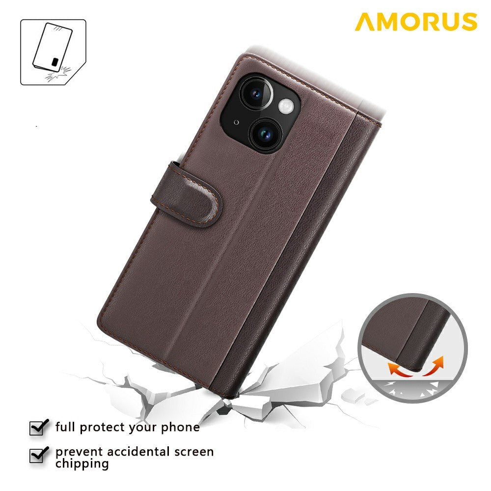 AMORUS For iPhone 14 Stand Cases Calf Texture Genuine Split Leather Wallet Phone Cover