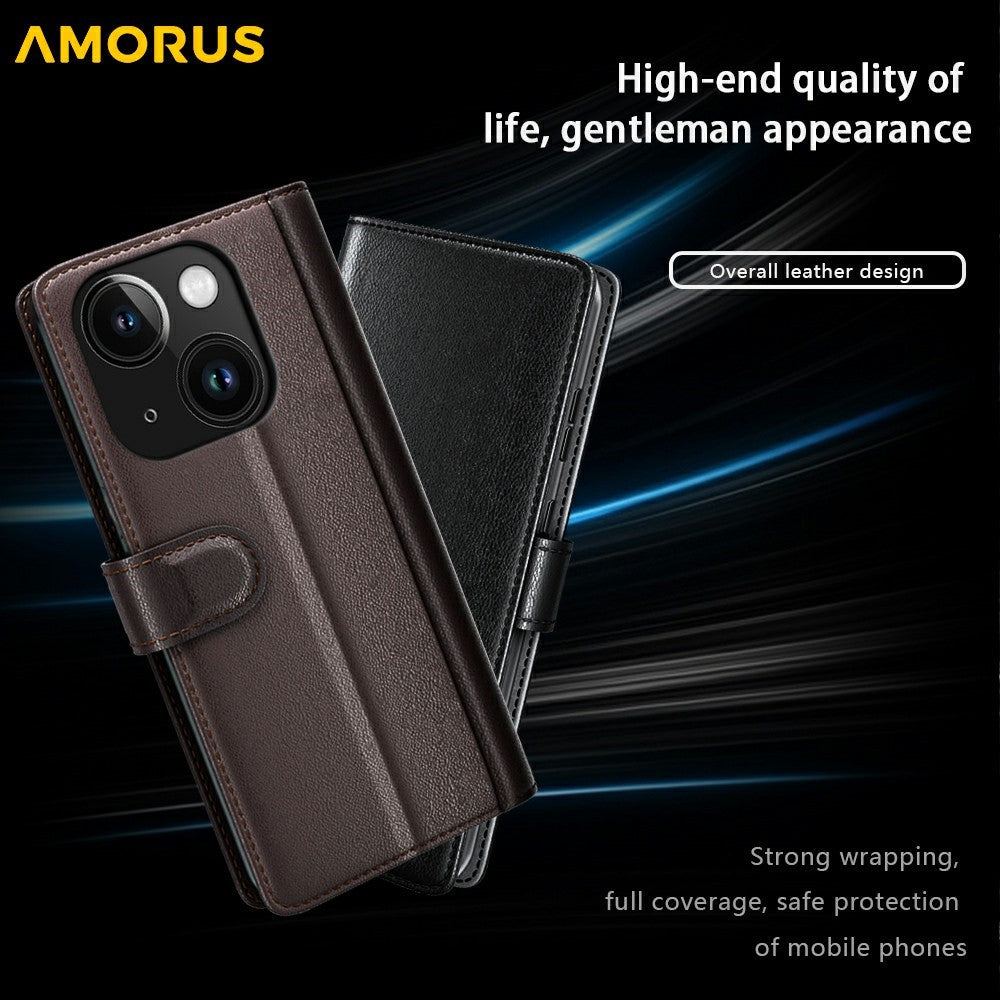 AMORUS For iPhone 14 Stand Cases Calf Texture Genuine Split Leather Wallet Phone Cover