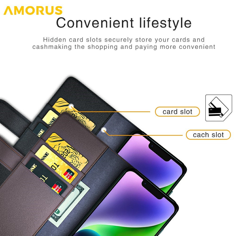 AMORUS For iPhone 14 Stand Cases Calf Texture Genuine Split Leather Wallet Phone Cover