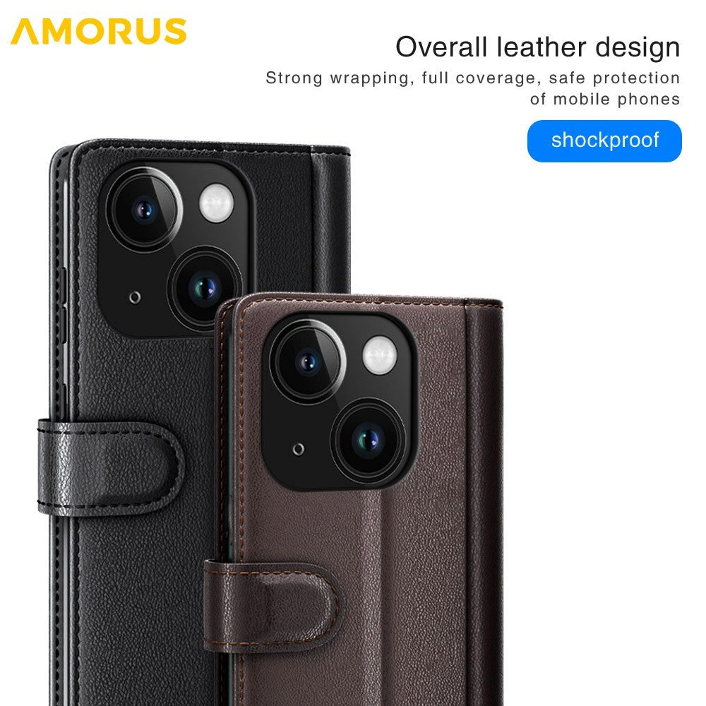 AMORUS For iPhone 14 Stand Cases Calf Texture Genuine Split Leather Wallet Phone Cover