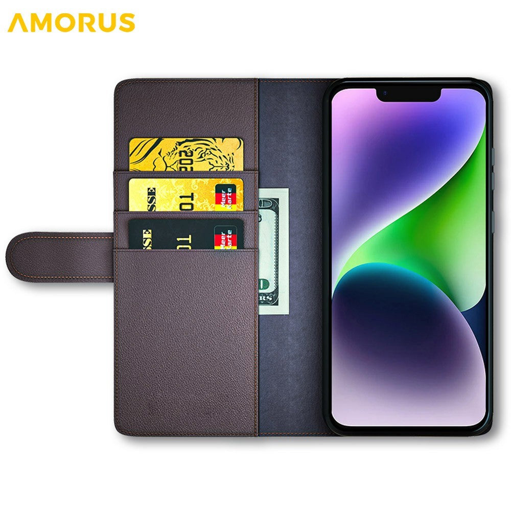 AMORUS For iPhone 13 Stand Cases Calf Texture Genuine Split Leather Wallet Phone Cover