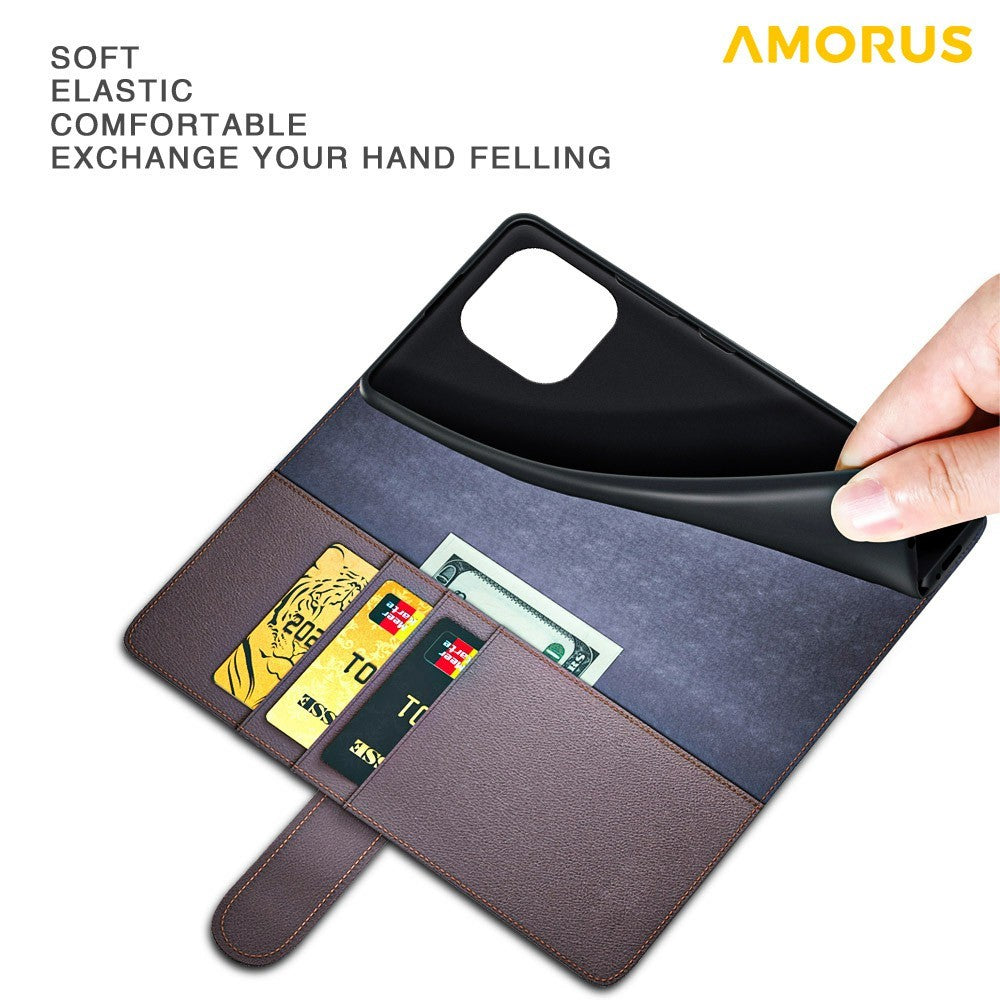 AMORUS For iPhone 13 Stand Cases Calf Texture Genuine Split Leather Wallet Phone Cover