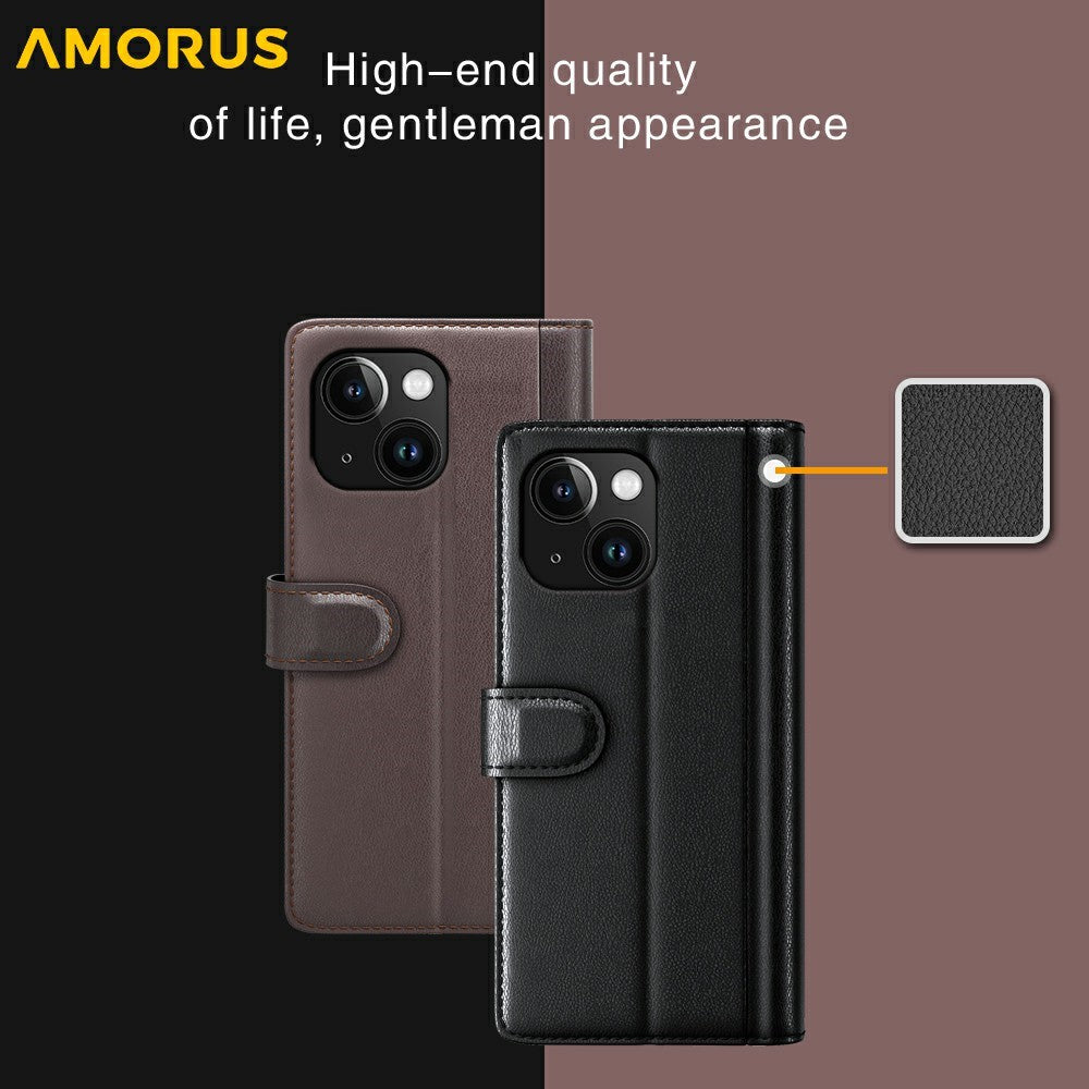 AMORUS For iPhone 13 Stand Cases Calf Texture Genuine Split Leather Wallet Phone Cover
