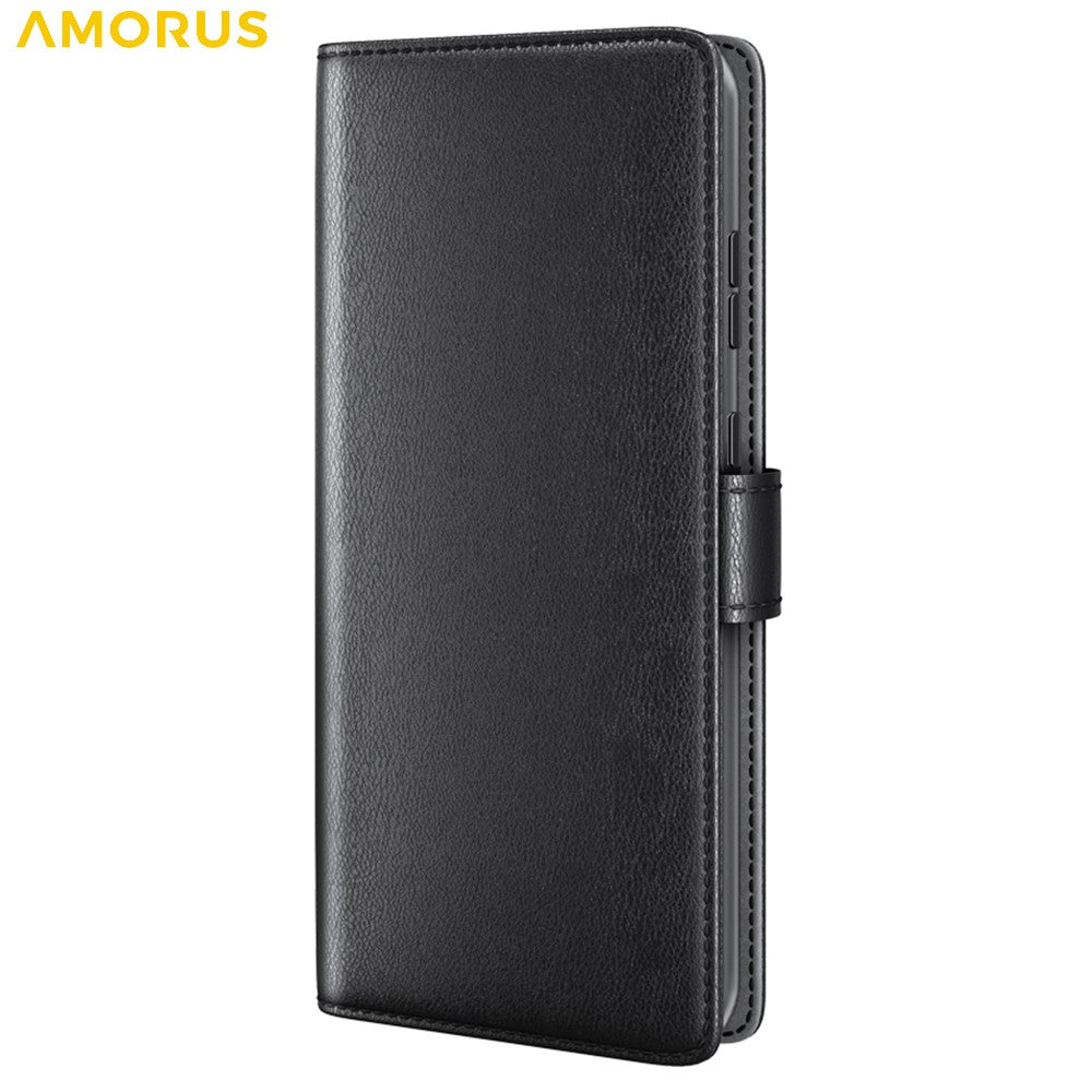 AMORUS For Samsung Galaxy S25 FE Stand Cases Calf Texture Genuine Split Leather Wallet Phone Cover