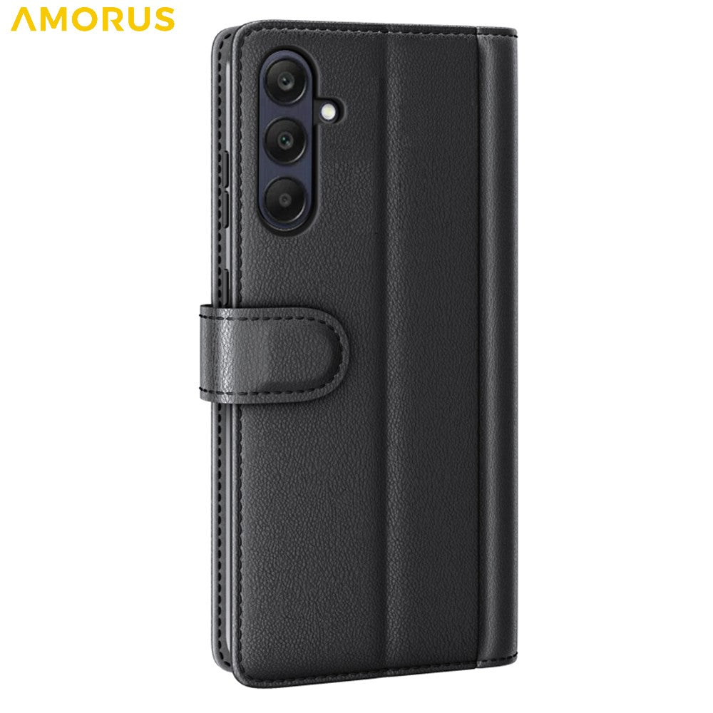 AMORUS For Samsung Galaxy S25 FE Stand Cases Calf Texture Genuine Split Leather Wallet Phone Cover