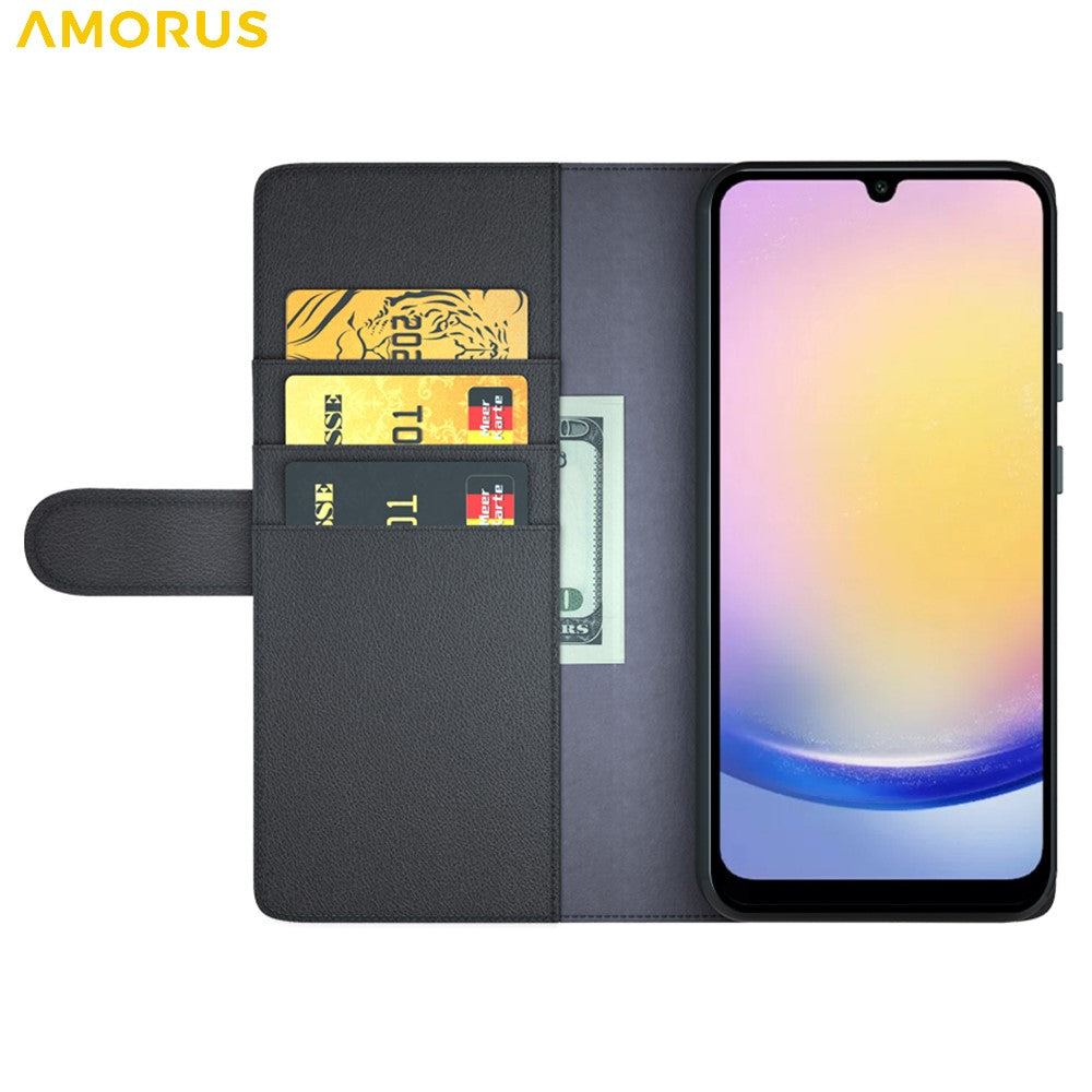AMORUS For Samsung Galaxy S25 FE Stand Cases Calf Texture Genuine Split Leather Wallet Phone Cover