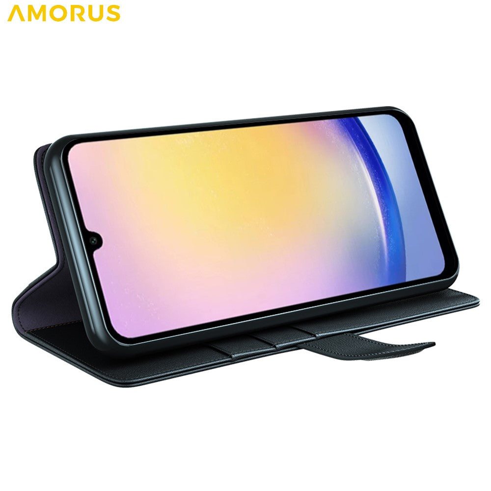 AMORUS For Samsung Galaxy S25 FE Stand Cases Calf Texture Genuine Split Leather Wallet Phone Cover