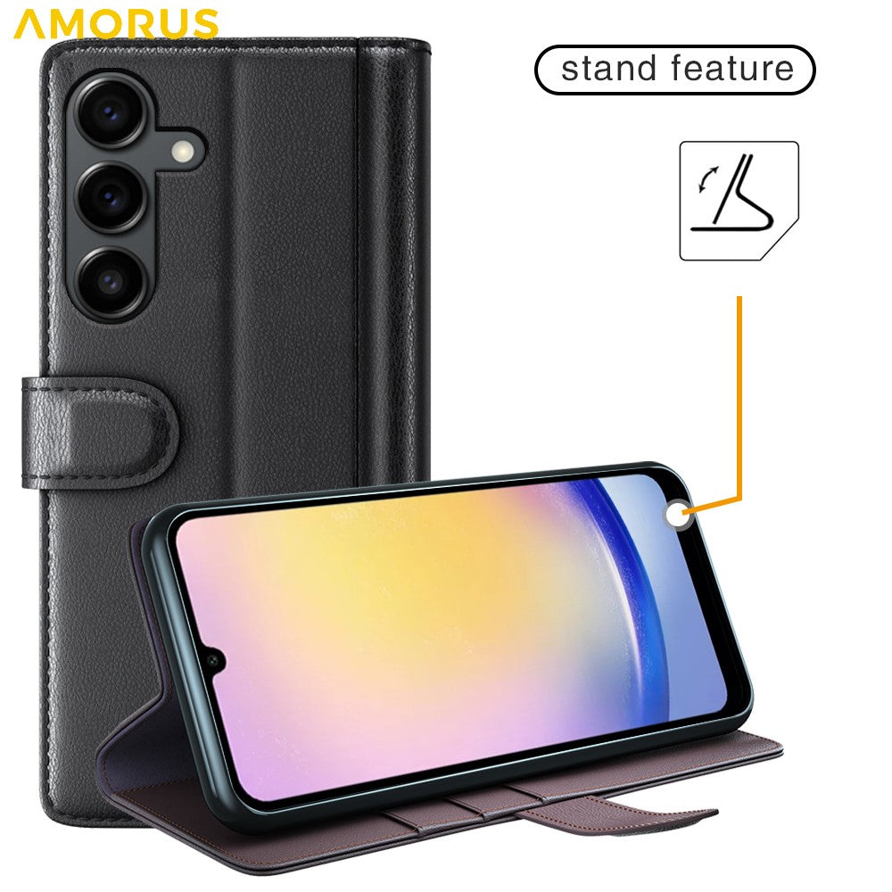 AMORUS For Samsung Galaxy S25 FE Stand Cases Calf Texture Genuine Split Leather Wallet Phone Cover