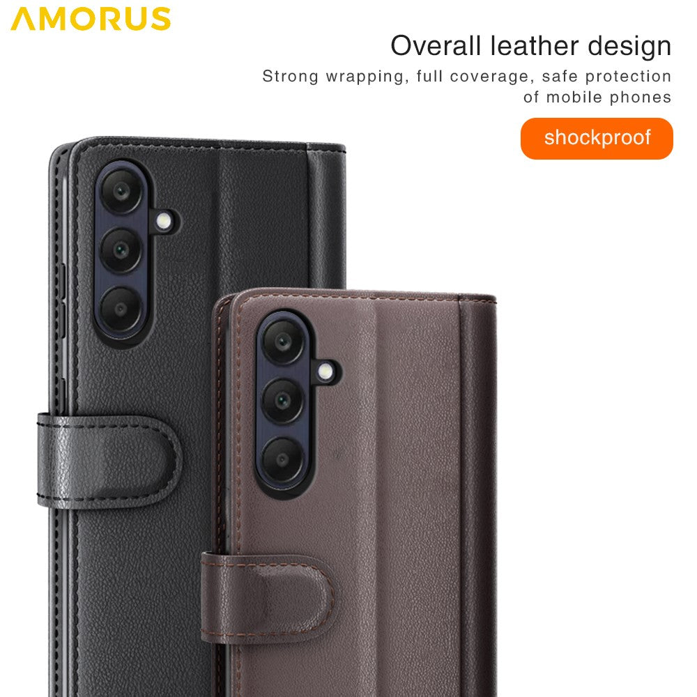 AMORUS For Samsung Galaxy S25 FE Stand Cases Calf Texture Genuine Split Leather Wallet Phone Cover