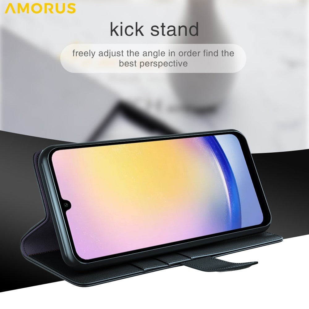 AMORUS For Samsung Galaxy S25 FE Stand Cases Calf Texture Genuine Split Leather Wallet Phone Cover