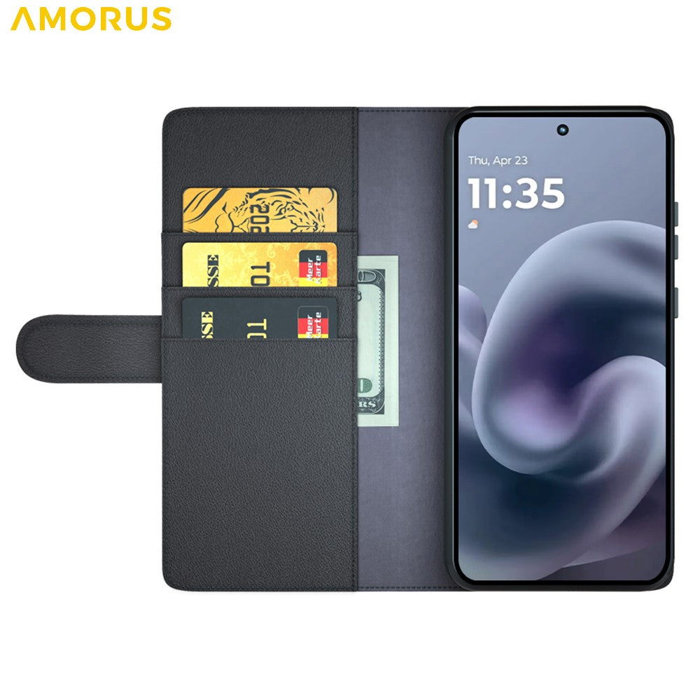 AMORUS For Motorola Moto G56 5G Stand Cases Calf Texture Genuine Split Leather Wallet Phone Cover