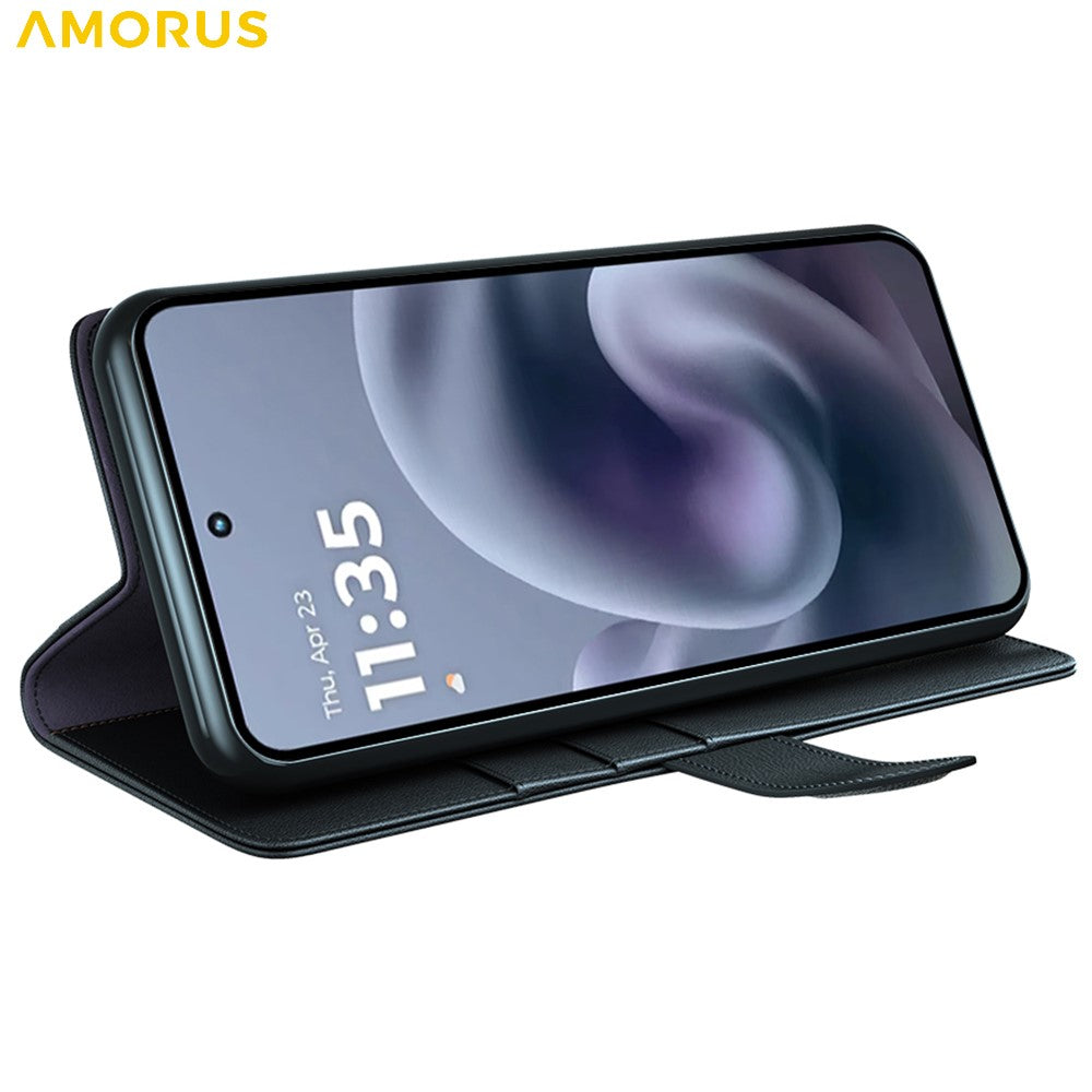 AMORUS For Motorola Moto G56 5G Stand Cases Calf Texture Genuine Split Leather Wallet Phone Cover