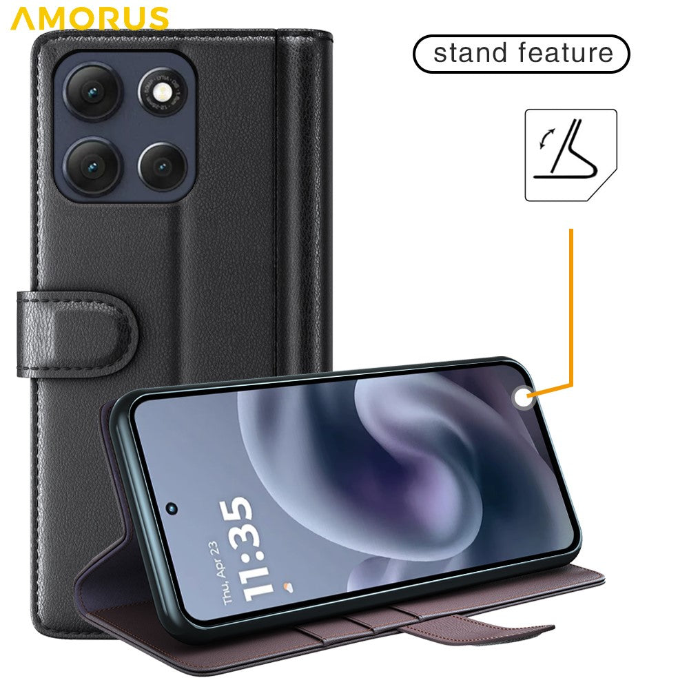 AMORUS For Motorola Moto G56 5G Stand Cases Calf Texture Genuine Split Leather Wallet Phone Cover