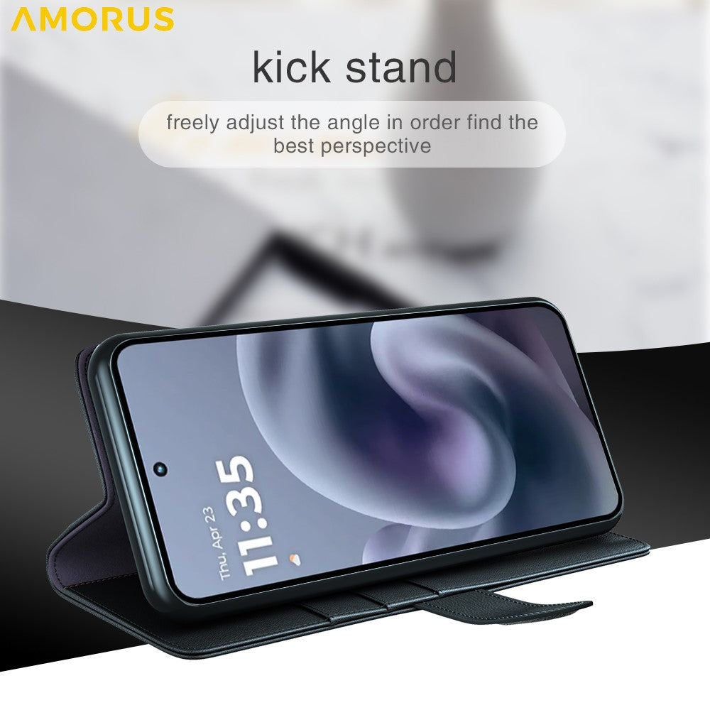 AMORUS For Motorola Moto G56 5G Stand Cases Calf Texture Genuine Split Leather Wallet Phone Cover