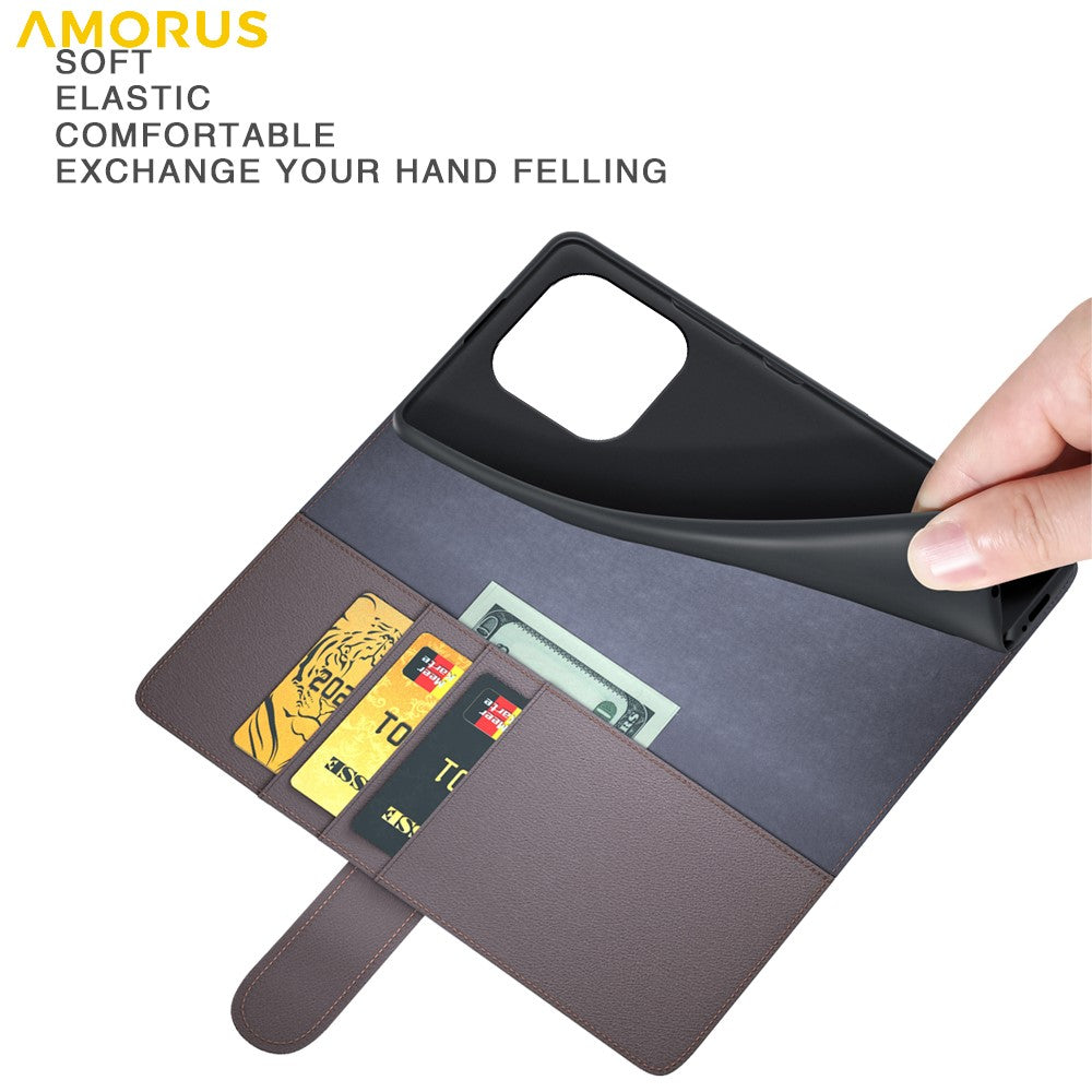 AMORUS For Motorola Moto G56 5G Stand Cases Calf Texture Genuine Split Leather Wallet Phone Cover