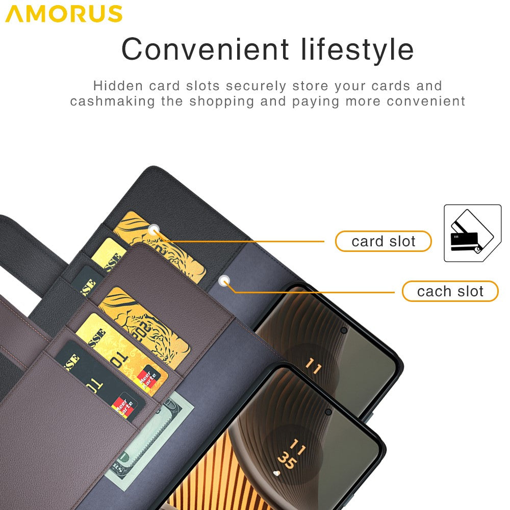 AMORUS For Motorola Moto Edge 50 Ultra 5G  /  Moto X50 Ultra 5G Stand Cases Calf Texture Genuine Split Leather Wallet Phone Cover