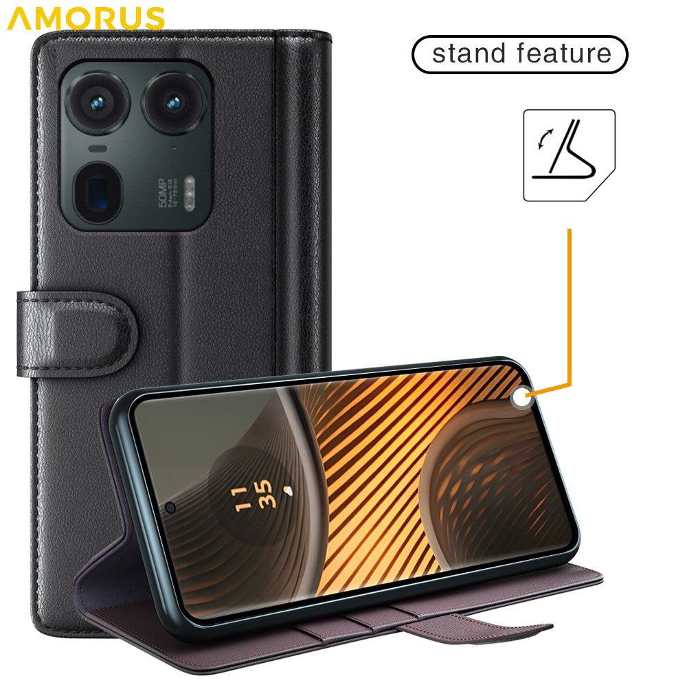 AMORUS For Motorola Moto Edge 50 Ultra 5G  /  Moto X50 Ultra 5G Stand Cases Calf Texture Genuine Split Leather Wallet Phone Cover