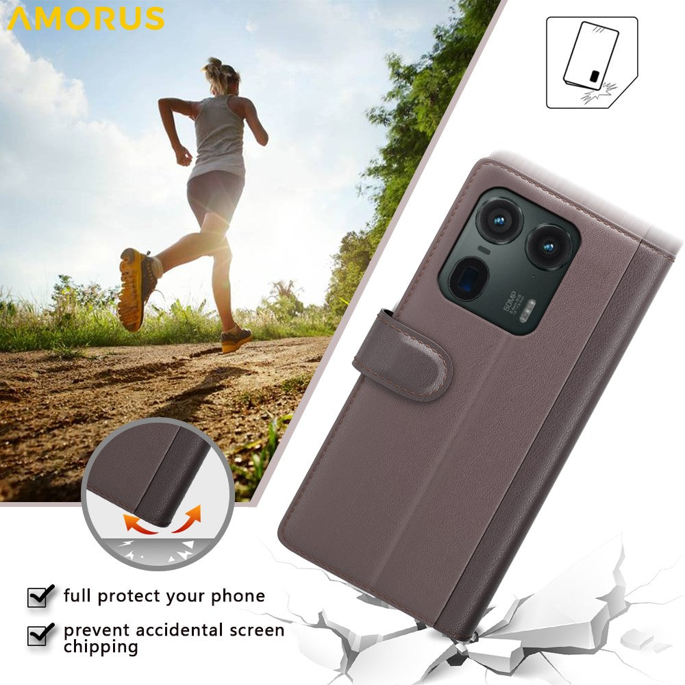 AMORUS For Motorola Moto Edge 50 Ultra 5G  /  Moto X50 Ultra 5G Stand Cases Calf Texture Genuine Split Leather Wallet Phone Cover