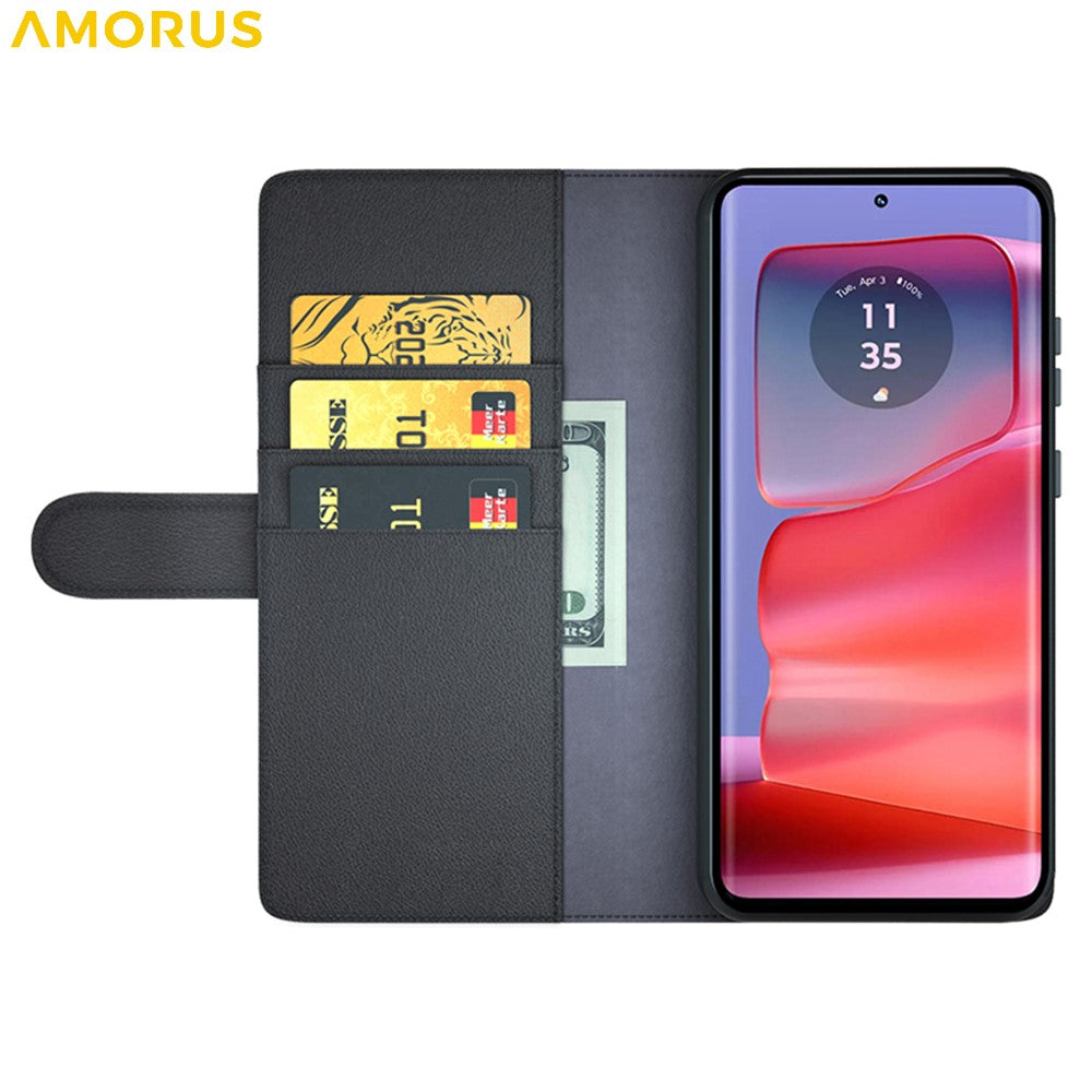 AMORUS For Motorola Edge 50 Pro 5G Stand Cases Calf Texture Genuine Split Leather Wallet Phone Cover