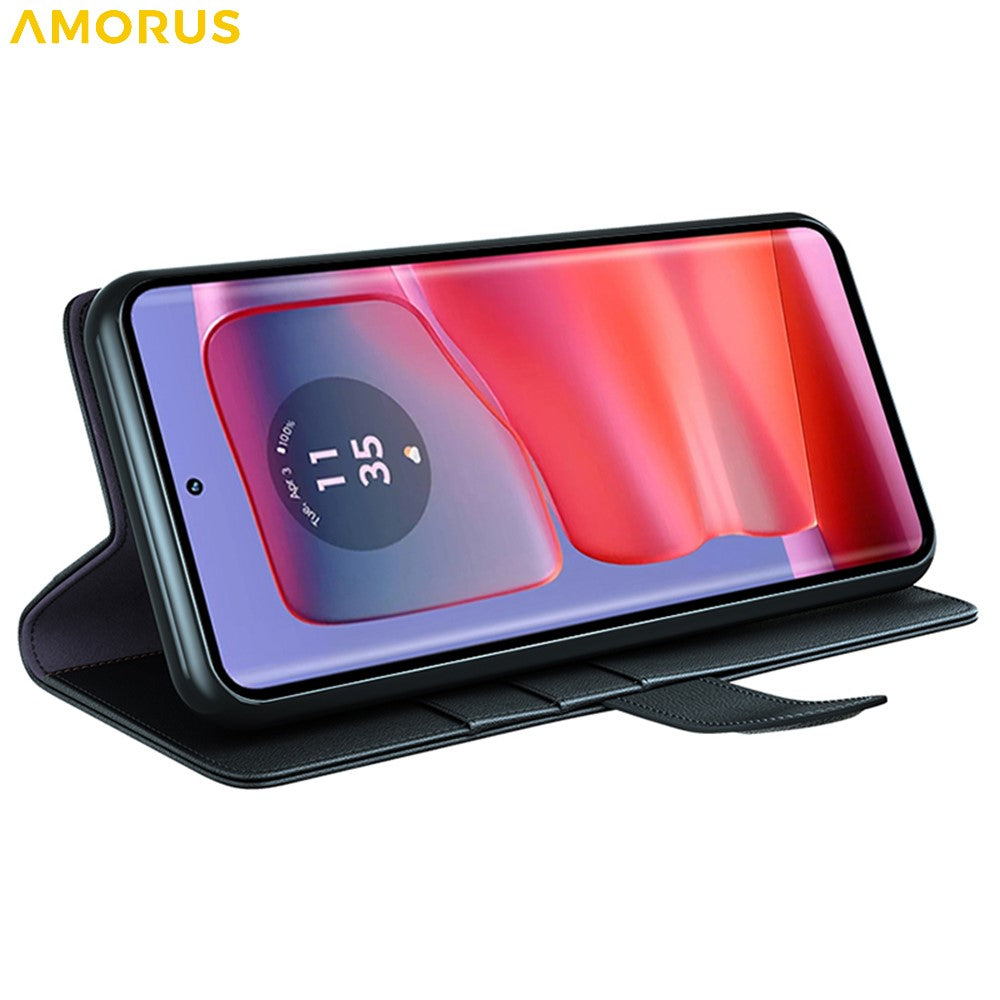 AMORUS For Motorola Edge 50 Pro 5G Stand Cases Calf Texture Genuine Split Leather Wallet Phone Cover