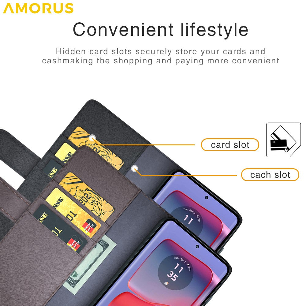 AMORUS For Motorola Edge 50 Pro 5G Stand Cases Calf Texture Genuine Split Leather Wallet Phone Cover