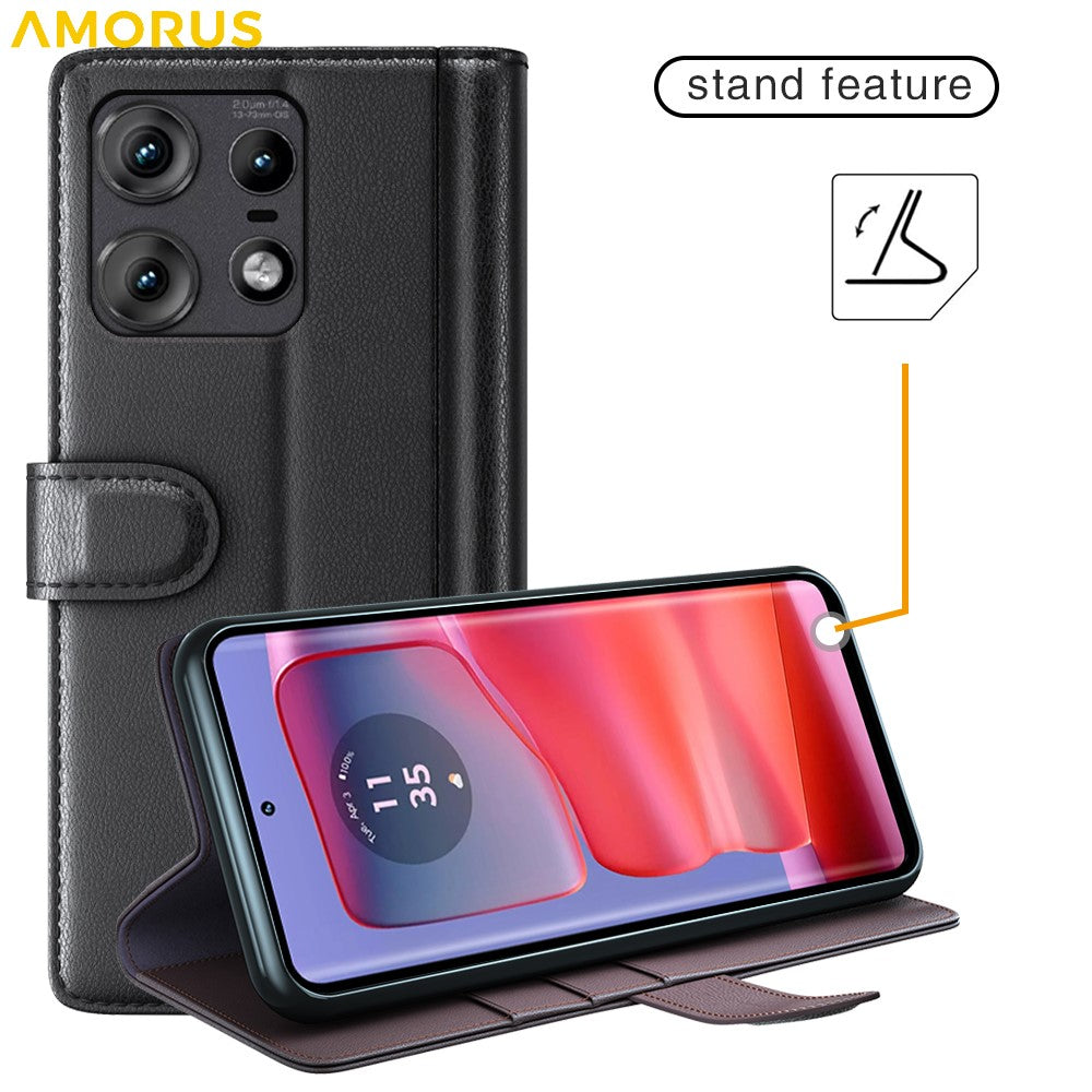 AMORUS For Motorola Edge 50 Pro 5G Stand Cases Calf Texture Genuine Split Leather Wallet Phone Cover