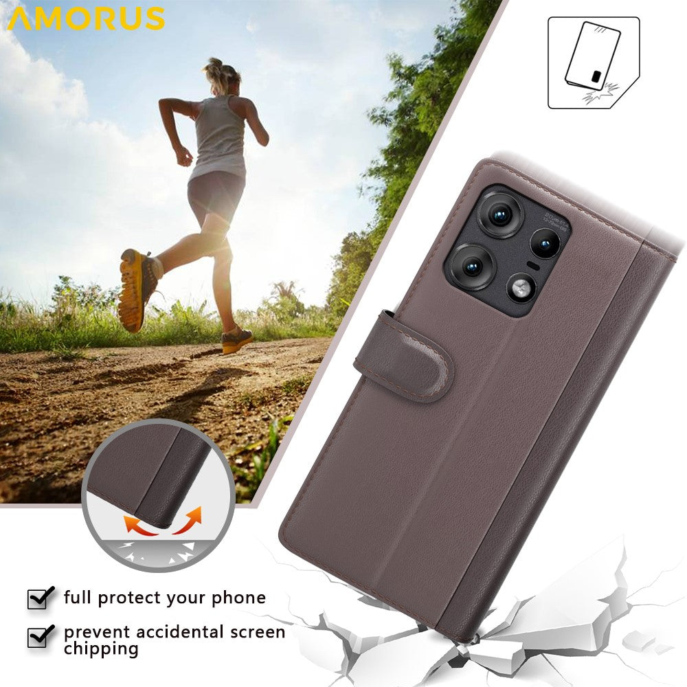 AMORUS For Motorola Edge 50 Pro 5G Stand Cases Calf Texture Genuine Split Leather Wallet Phone Cover