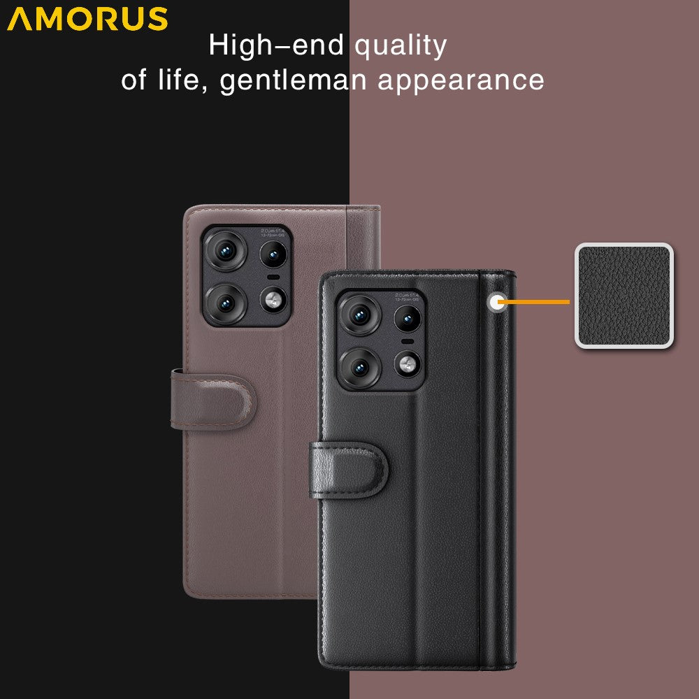 AMORUS For Motorola Edge 50 Pro 5G Stand Cases Calf Texture Genuine Split Leather Wallet Phone Cover