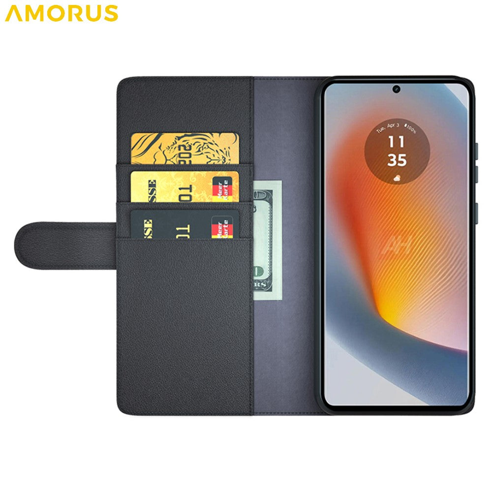 AMORUS For Motorola Edge 50 Fusion Stand Cases Calf Texture Genuine Split Leather Wallet Phone Cover