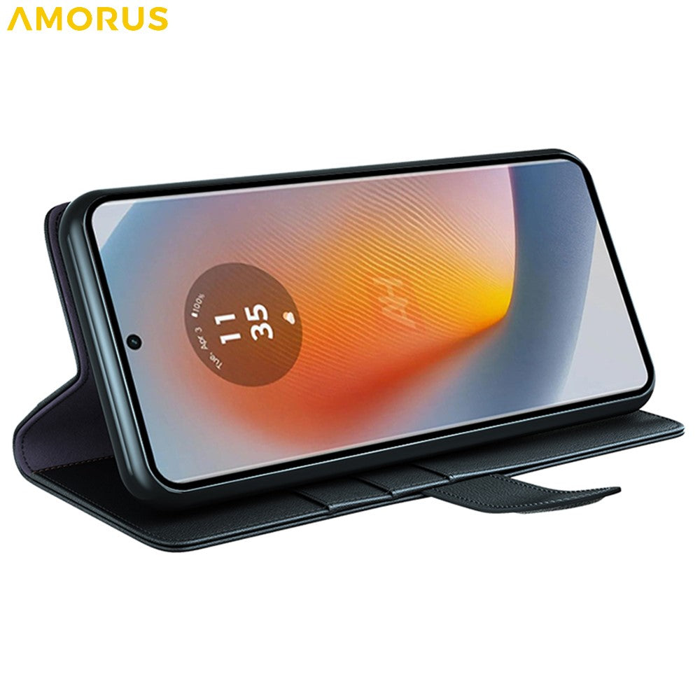 AMORUS For Motorola Edge 50 Fusion Stand Cases Calf Texture Genuine Split Leather Wallet Phone Cover
