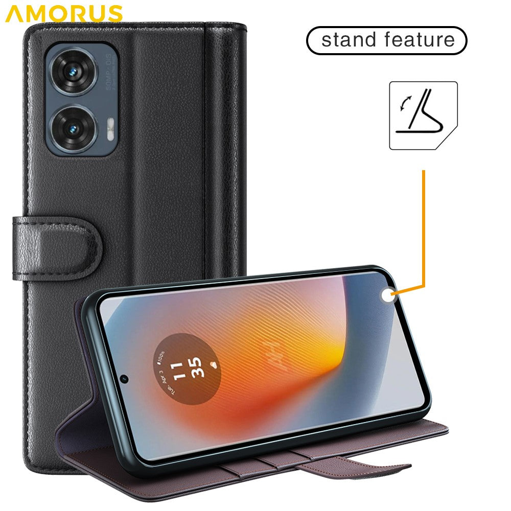 AMORUS For Motorola Edge 50 Fusion Stand Cases Calf Texture Genuine Split Leather Wallet Phone Cover