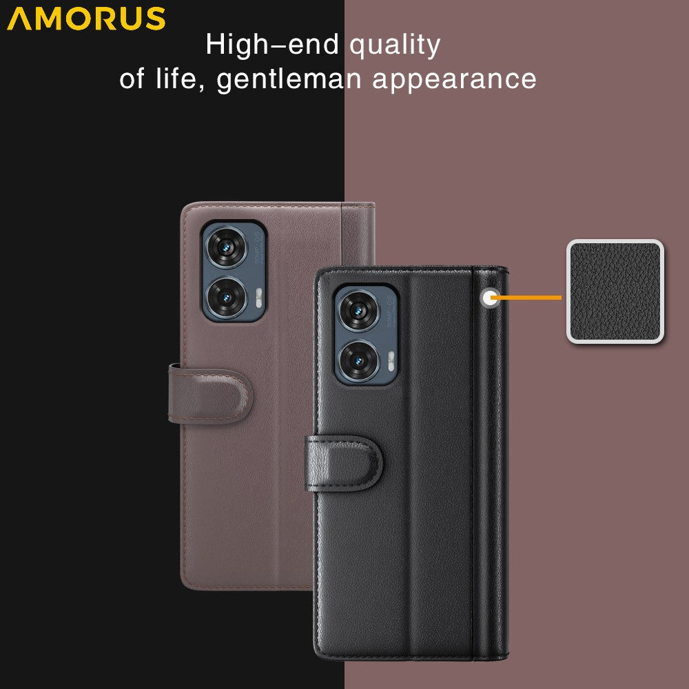 AMORUS For Motorola Edge 50 Fusion Stand Cases Calf Texture Genuine Split Leather Wallet Phone Cover