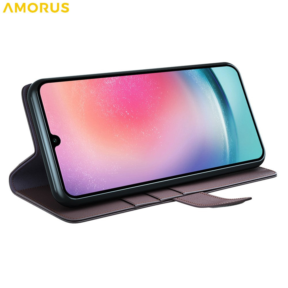 AMORUS For Samsung Galaxy A16 5G / 4G Stand Cases Calf Texture Genuine Split Leather Wallet Phone Cover