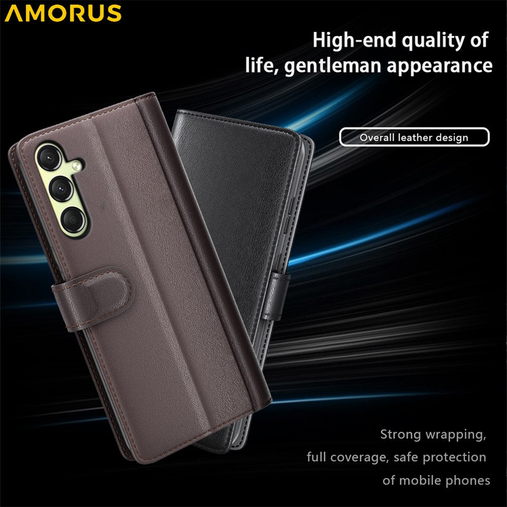 AMORUS For Samsung Galaxy A16 5G / 4G Stand Cases Calf Texture Genuine Split Leather Wallet Phone Cover